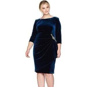 ALEX EVENINGS Plus Size Ruched Velvet Dress Blue Stones Size 16 A000149